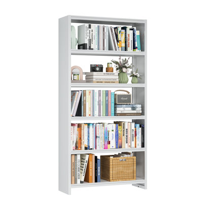 Bookshelf, White Bookshelf with 5 Storage Shelves, Large Metal Bookshelves, 69" Tall Bookcase for Living Room, Library, Office, Bedroom, Including Book Stopper,Simple Assembly