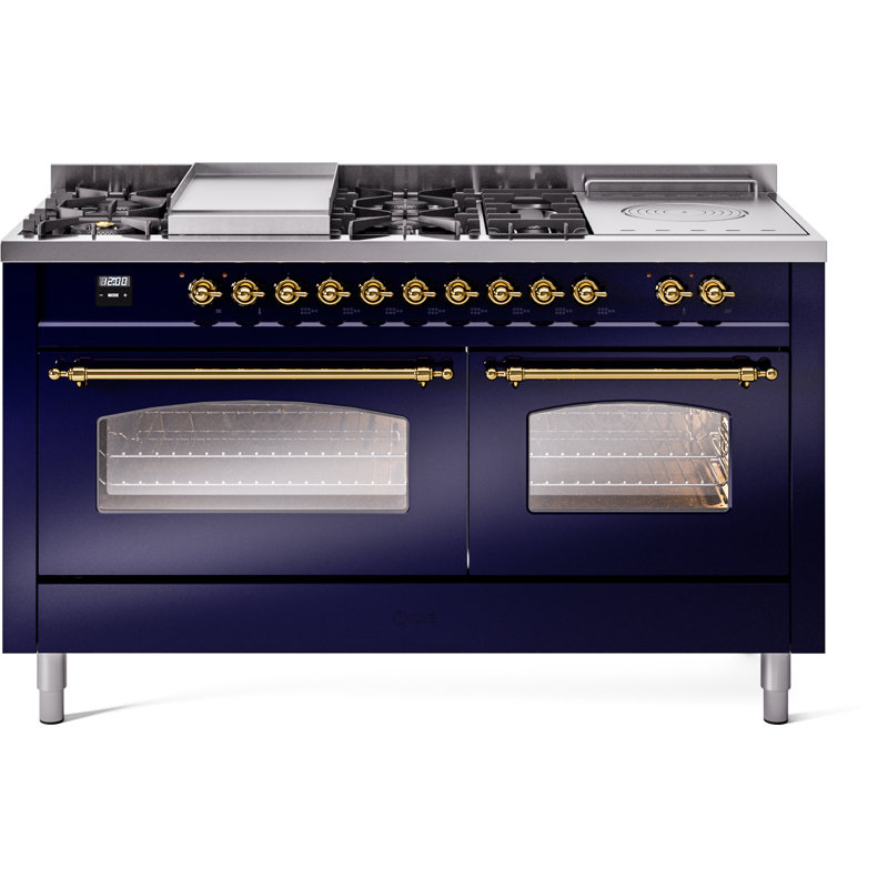 ILVE Nostalgie II 60 Dual Fuel Range, 5 Burners, Griddle, Frenchtop , Natural Gas, Midnight Blue/Brass
