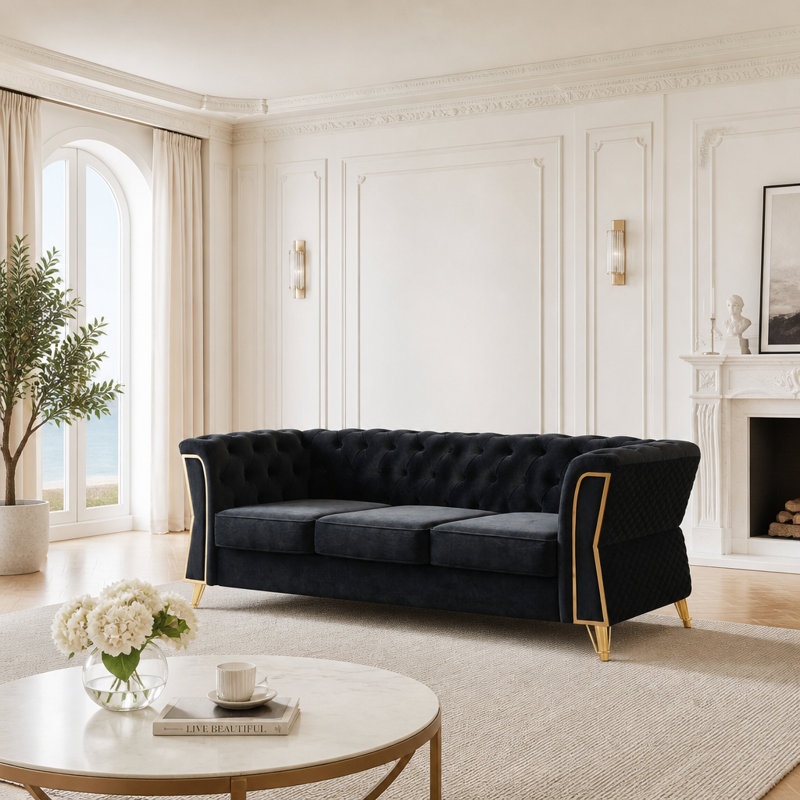 Canapé moderne en velours capitonné de 87,4 pouces de couleur noire pour le salon