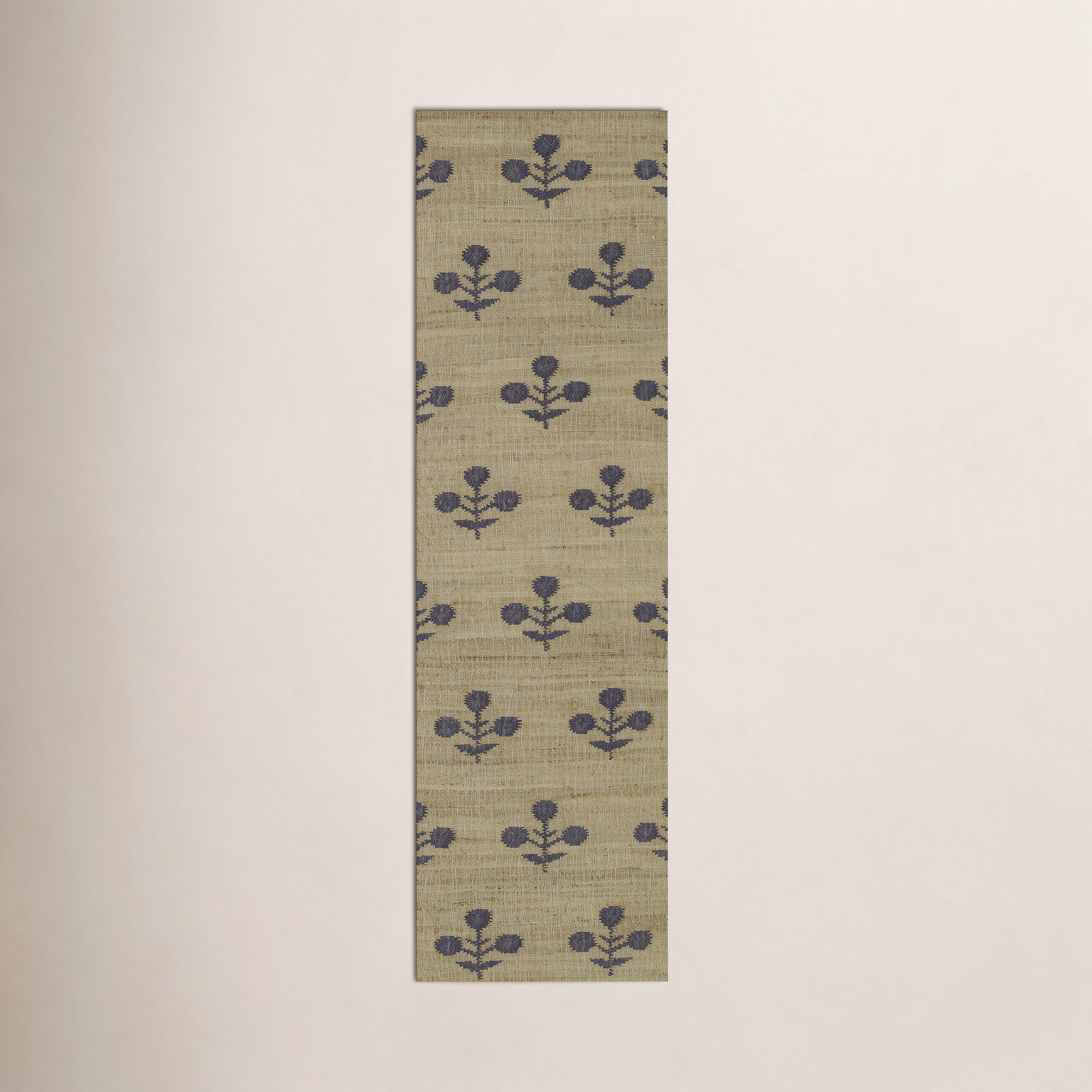 Orchard Blue Hand-Woven Block Print Jute Rug, Runner 2'3" x 12'