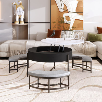 Table basse moderne à plateau relevable avec rangement et 3 repose-pieds blanc et noir