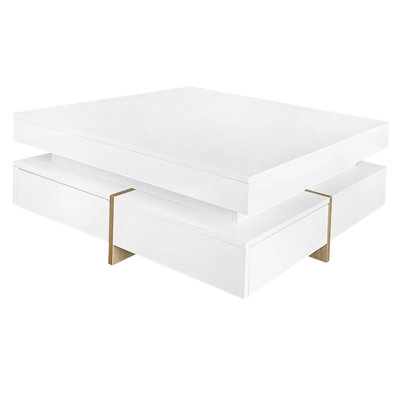 Square Coffee Table With 4 Drawers, High Gloss White Finish, , 31.5''x31.5' Storage Construction, 31.5''x31.5'', For Living Room