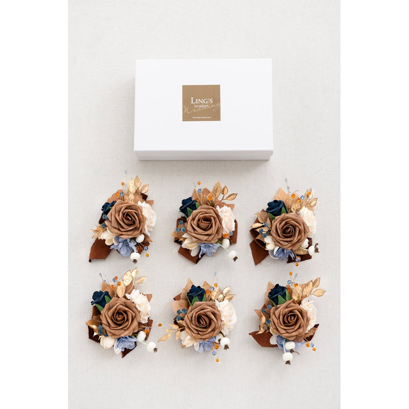 Corsages de poignet Ling's Moment en orange roux et bleu denim, Orange et bleu marine