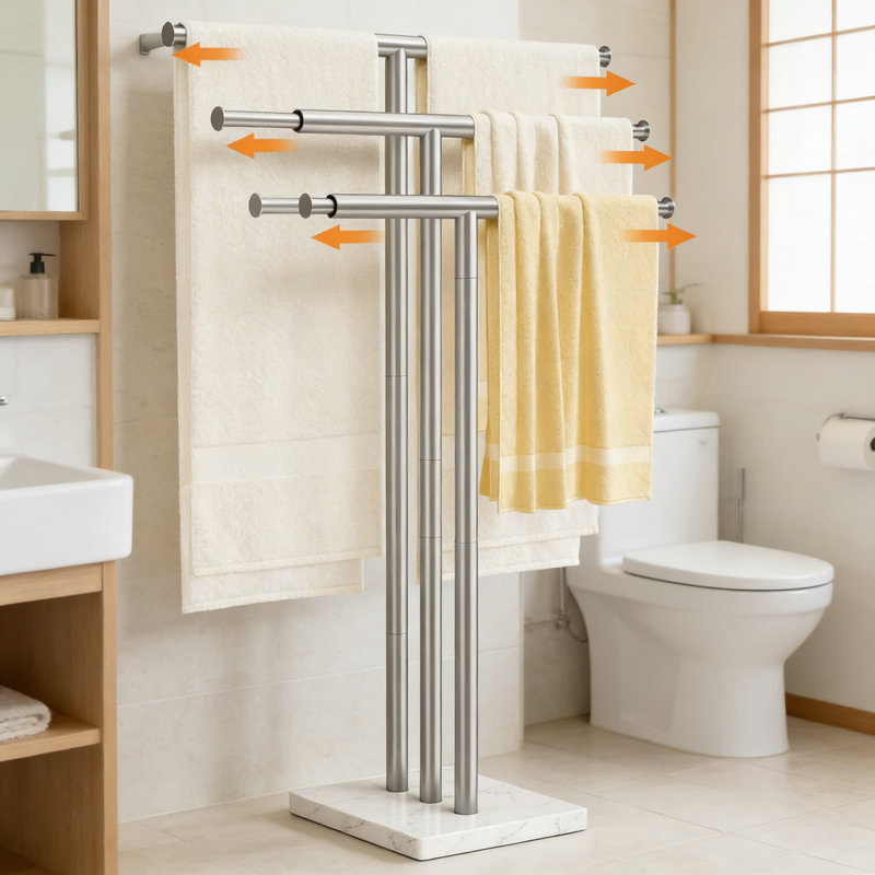 Porte-serviettes de salle de bain autoportant avec base en marbre lesté, support à serviettes de plancher réglable en hauteur et en largeur à 3 niveaux, finition brossée en acier inoxydable