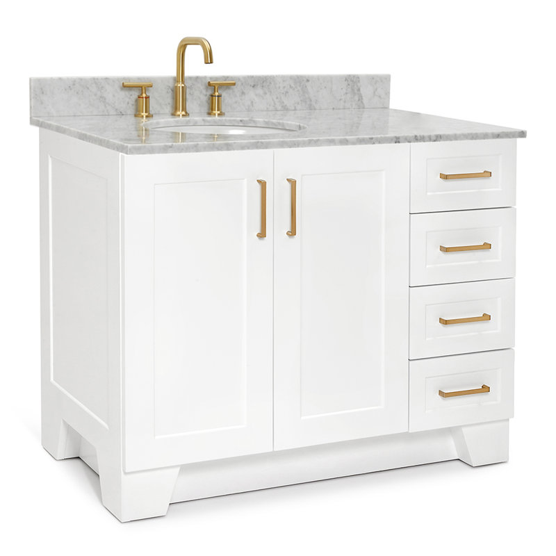 Ensemble de meuble-lavabo simple en bois massif 43 po Freitas blanc avec plateau en marbre de Carrare 0,75 po, gauche décalé, lavabo ovale