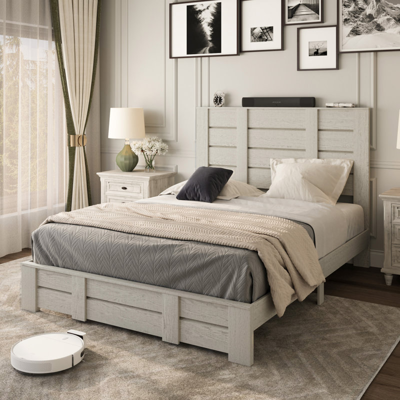 Queen Size Wood Bed Frame With Tall Headboard, Farmhouse Platform Bed With Solid Wood Slats Support, No Box Spring Needed