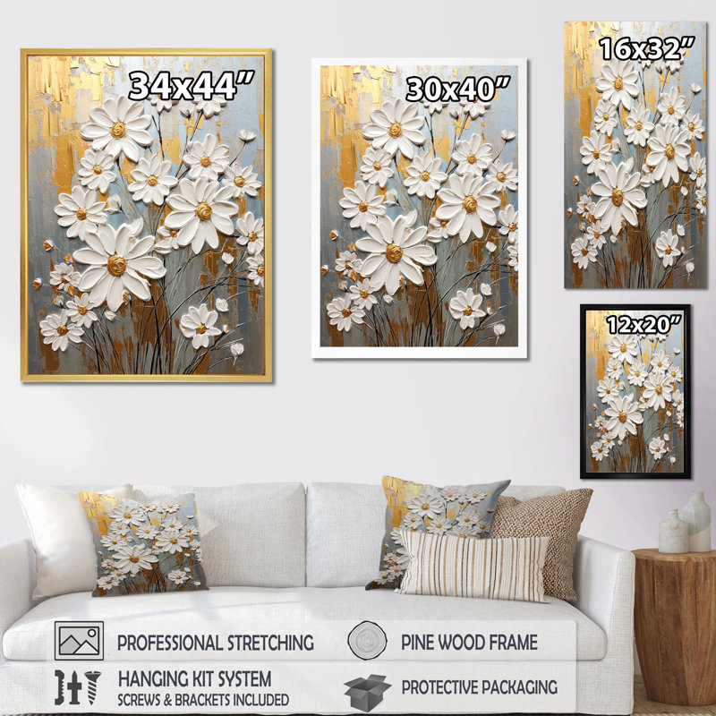 Marguerite blanche et dorée en fleurs élégance - marguerites, impressions sur toile, Cadre flottant doré