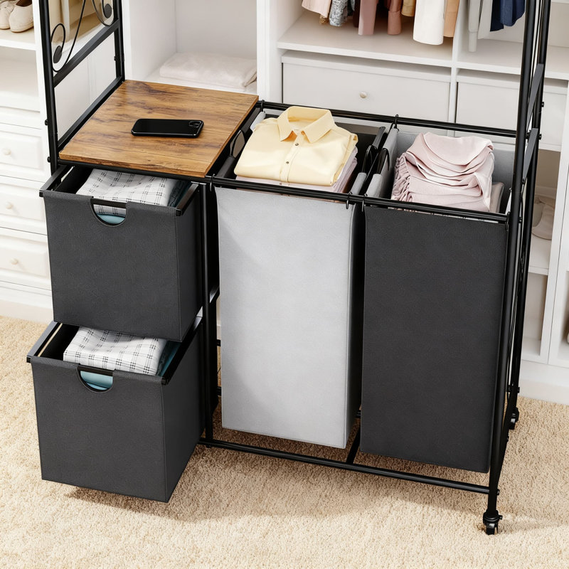 Panier à linge roulant à 2 niveaux avec support de suspension amovible, 4 paniers de rangement amovibles pour la salle de bain de la chambre à coucher