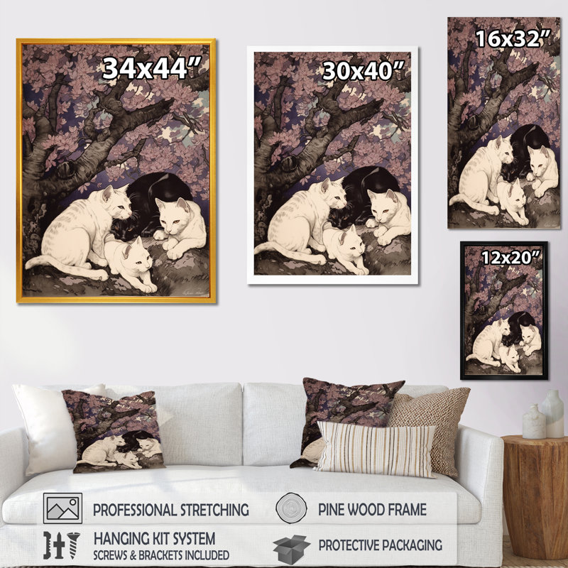 Chat blanc et chat noir dormant sous un arbre - impression, Cadre simple noir, H 32 po x l 16 po x P 1 po
