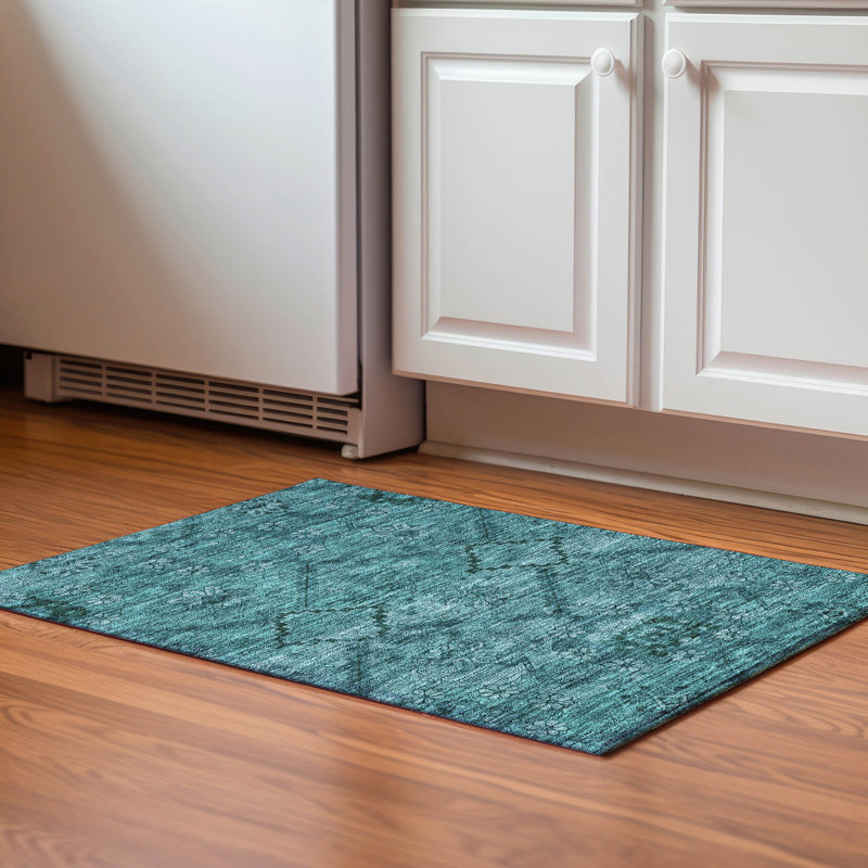 Premium Machine Washable Prisco Teal Rug, Rectangle 1'8" x 2'6"