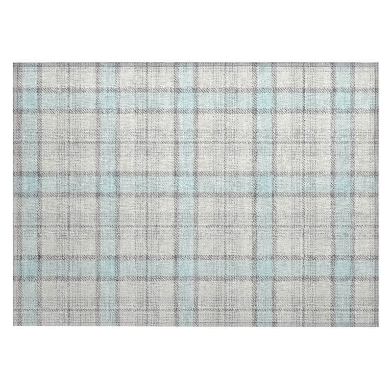 Sky Blue Plaid Machine Washable Synthetic Indoor/Outdoor Rug