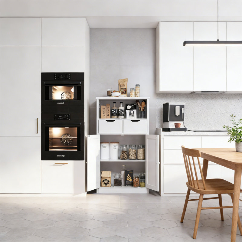 Floor Storage Cabinet With Doors, Drawers, Adjustable Shelf, Freestanding For Bathroom, Kitchen, Living Room, White
