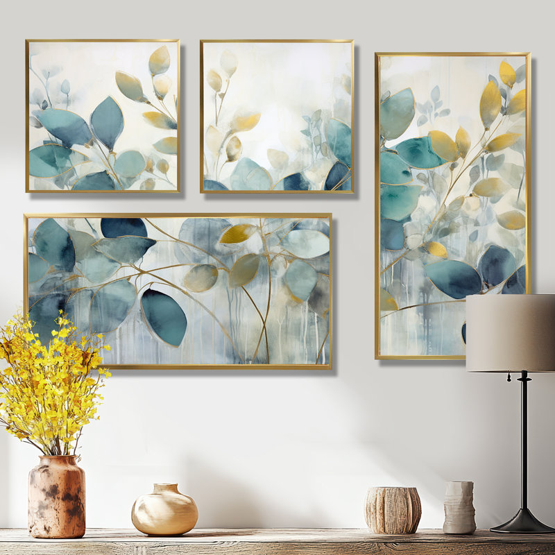Blue Botanical Rhythms II - Décoration murale moderne bleue 4 pièces, Impression encadrée sans passe-partout, Doré