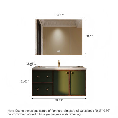 Two-tone Dark Green Rubberwood Wall-Mounted Bathroom Vanity with Integrated Ceramic Sink and Smart Mirror Cabinet