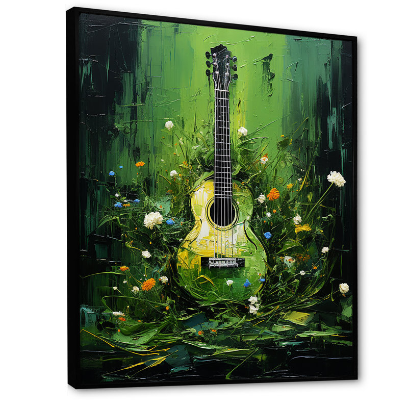 «Music Guitare Meadows Grass Green I» sur toile, H 44 po x l 34 po x P 1,5 po, Cadre flottant noir