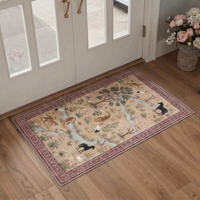 Alcoa Wild Paws Animal Print Machine Washable Beige Indoor Area Rug with Non-Slip Backing, Rectangle 8' x 10'