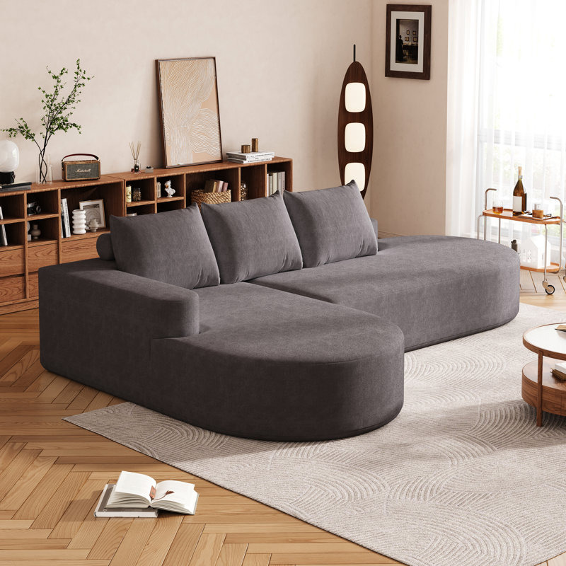 Canapé en chenille moderne en L 108,5 po avec 3 coussins pour la chambre à coucher, gris, sièges, lignes arrondies, haute résilience, confortable et respirant, sans assemblage, combinaison, coussins décoratifs