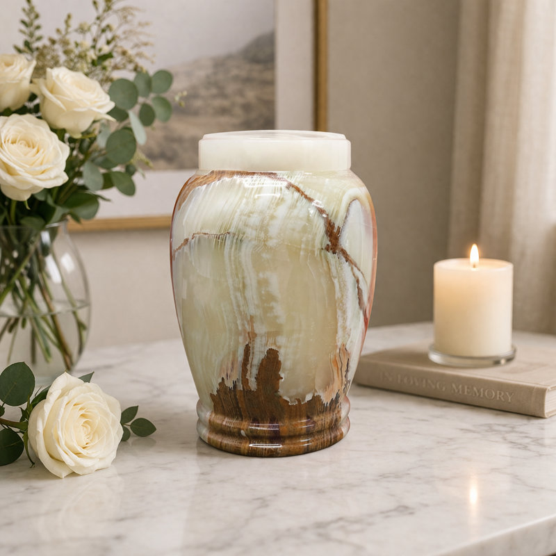 Decorative Marble Cremation Urn For Adults, White And Brown Marbled Pattern, Large Capacity, White