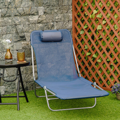 Chaise longue de piscine pliante, chaise de bronzage de patio, chaise longue d'extérieur avec dossier inclinable à 6 positions, siège en filet respirant et appui-tête pour la plage, la cour, le patio, le bleu