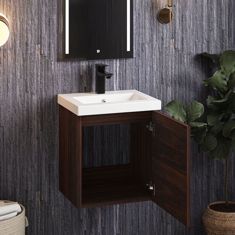 Ensemble de meuble-lavabo mural simple 18 po avec plateau Reyona, Noyer de Californie