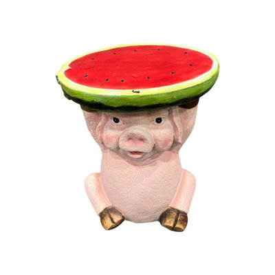 Whimsical Pig Side Table with Watermelon Tray, 13.4" H Hand-Painted Resin Accent Stool for Garden or Patio