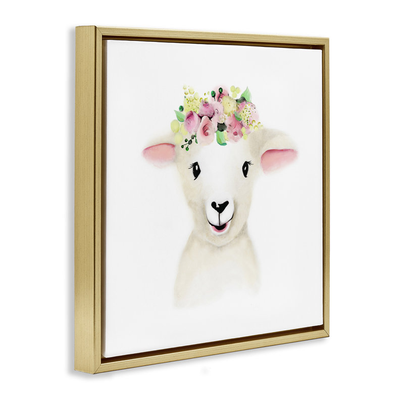 Couronne de fleurs bébé agneau mouton, H 18 po x l 18 po, Cadre flottant métallique doré