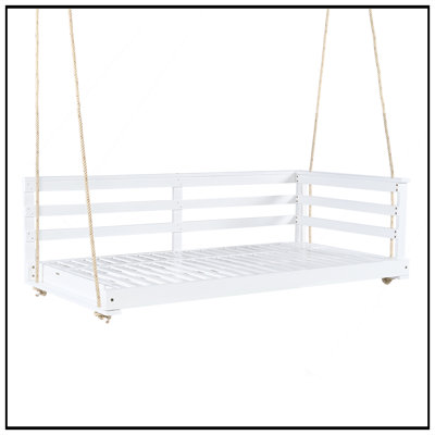 Country Patio Wooden Twin Size Swing Daybed With Sturdy Acacia Wood And 4Pcs 96-Inch Hemp Ropes For Outdoor Relaxation