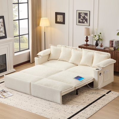 Pull Out Sofa Bed With Storage, Convertible Sleeper Sofa Bed With Usb Ports Cup Holders, Chenille Upholstered Couch With Chaise Lounge For Living Room, Guest Room, Beige
