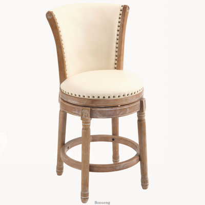 Tabouret de bar pivotant à 360° en cuir de vache, dossier haut, hauteur bar/comptoir, beige, pour cuisine, salle à manger et bar.