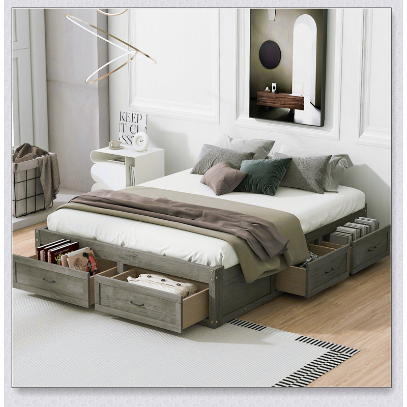 Platform Bed With 6 Storage Drawers,, Grand lit, Antique Grey