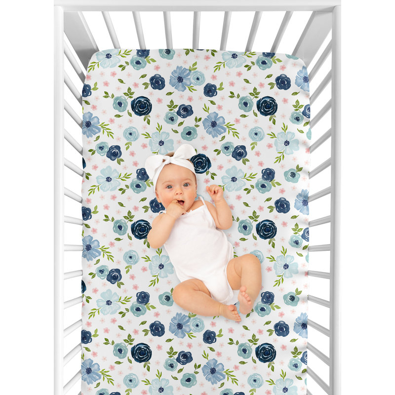 Drap-housse pour lit de bébé floral en aquarelle, Bleu marine / rose
