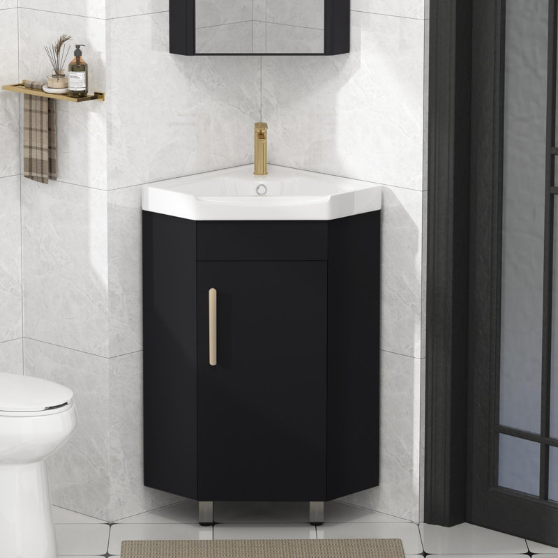 17" Freestanding Corner Single Bathroom Vanity With Ceramic Sink- Mirror Cabinet Not Included, Black