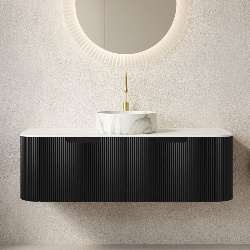 Meuble-lavabo de salle de bain 48 po Dina, armoire de rangement à bords arrondis et rayés avec 2 tiroirs, lavabo rond en céramique blanc mat et plateau en pierre frittée blanc de Carrare, pré-assemblé, couleur noire 