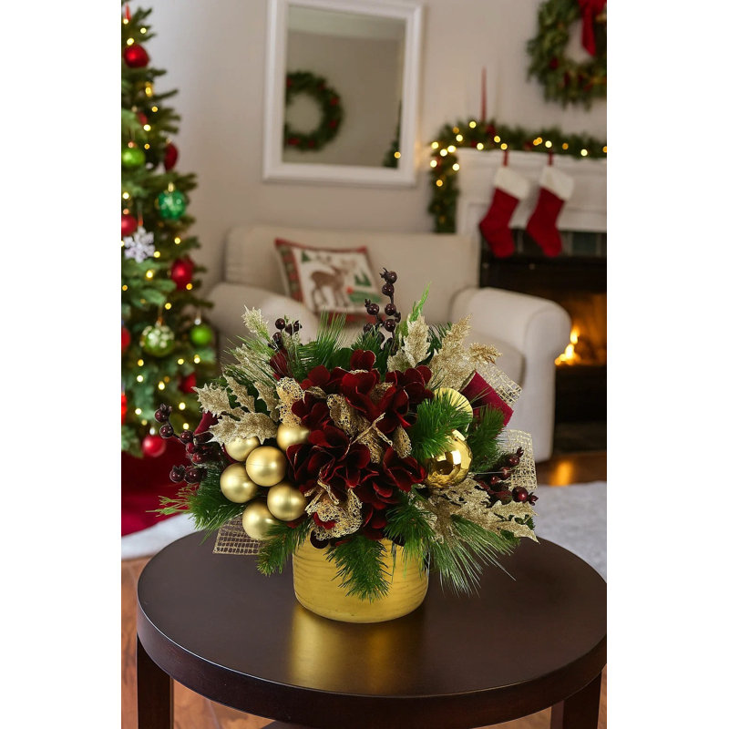 Holiday Arrangement with Hydrangeas, Ornaments and Berries