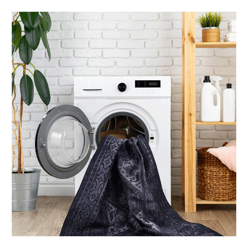 Area Rug 5x8, Washable Rug, Low-Pile, Non-Slip, Non-Shedding, Foldable, Kid & Pet Friendly - Area Rugs for living room, bedroom, kitchen (Black/Gray, 5' x 8')