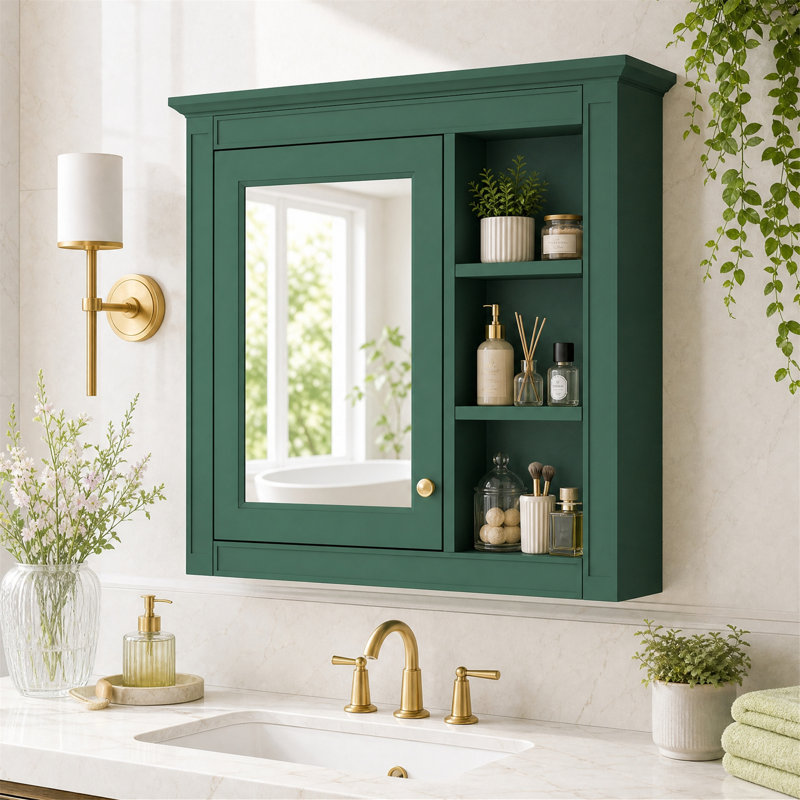 Armoire à pharmacie murale de 76 cm (30 po) avec miroir et 3 tablettes ouvertes, verte, Green