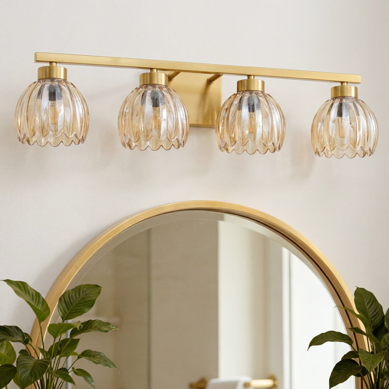 4-light Dimmable Vanity Light With Amber Vintage Floral Tulip Glass Shade, Amber, 4 Lights