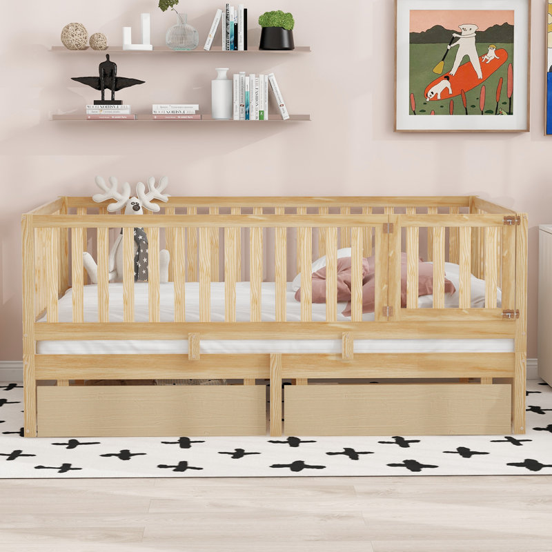 Full Size Wood Daybed with Fence Guardrails and 2 Drawers, Natural