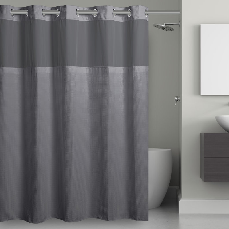 Hookless Waffle Shower Curtain, 3-in-1 Shower Curtain Includes Fabric Shower Curtain with Sheer Top Window, Flex-on Rings & Fabric Liner, 71 In Wide x 74 In Long, Frost Grey