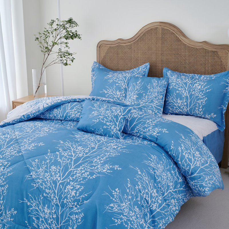 Ensemble d'édredon réversible à motif de feuillage, literie douce en microfibre, Bleu clair/blanc
