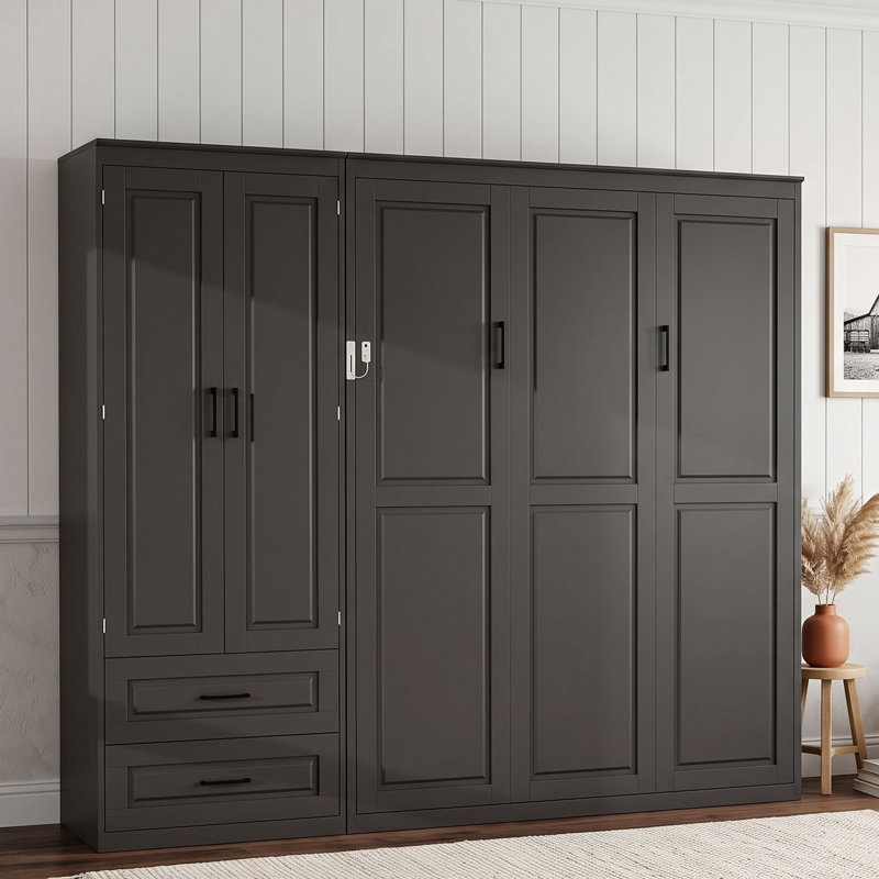 Grand lit escamotable tout-en-un avec tête de lit tapissier, armoire de rangement et tiroirs, Black