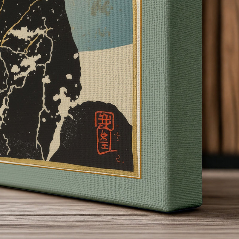 Red-Faced Bird on Wood Japandi - Wrapped Canvas, 24x16 - 61.0 x 40.6 cm, Sage Border
