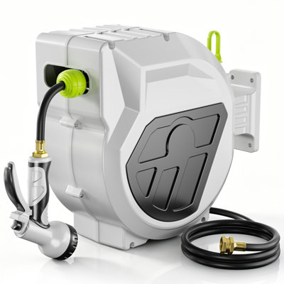 Retractable Garden Hose Reel, 1/2 Inch Wall Mounted, Heavy Duty Garden Hose Reel with 9 Patterns Nozzle, Any Length Lock, Upgraded Slow Return System and 180°Swivel Bracket