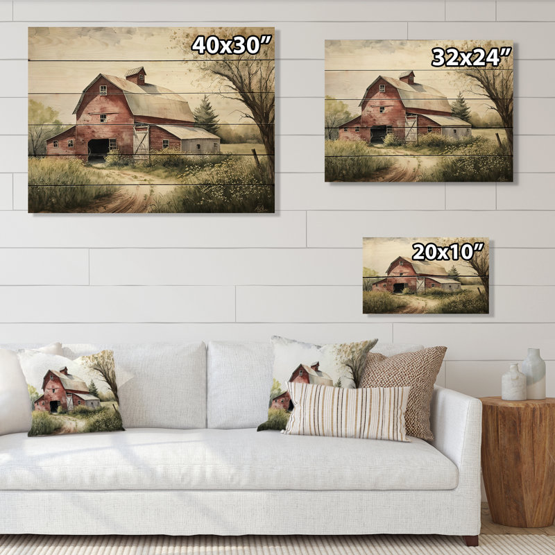 Annabell, pittoresque chemin sinueux et grange III - impression sans cadre sur bois, H 24 po x l 32 po x P 1 po