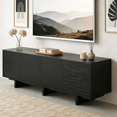 Meuble télé à grain rétro en bois avec porte ondulée pour téléviseur de 75 à 75 po, console multimédia rustique avec amplement d'espace de rangement, meuble télé robuste avec gestion des câbles