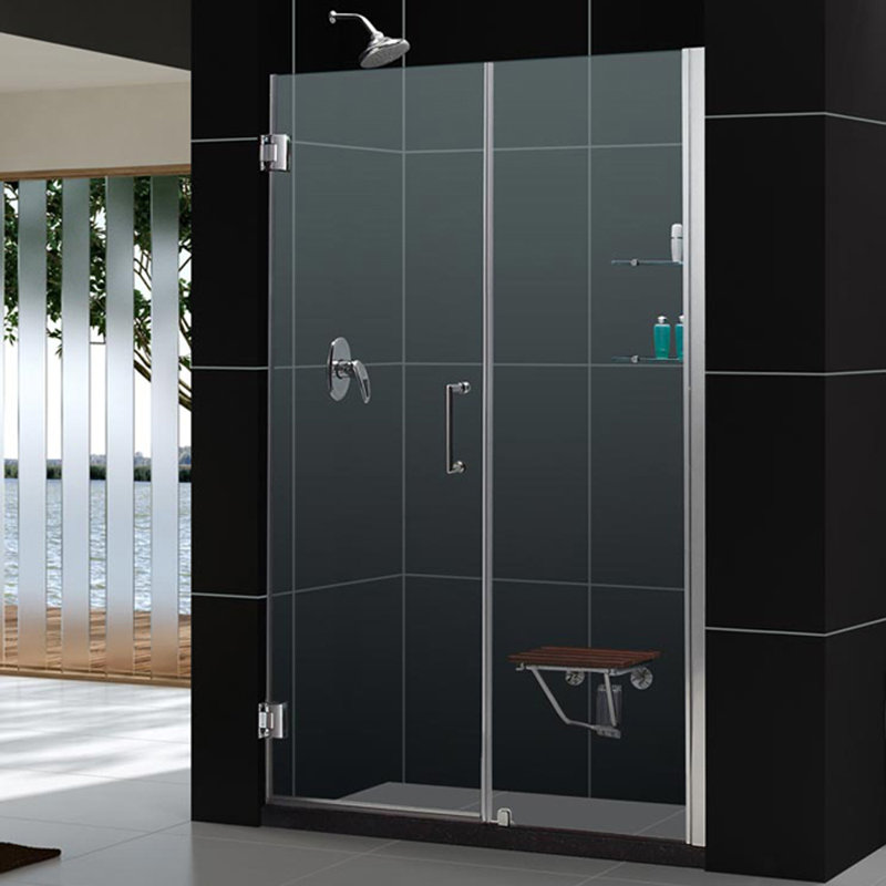 Unidoor 49" Black Frameless Hinged Shower Door with Clear Glass