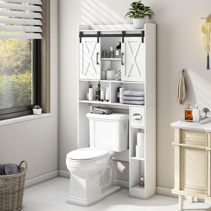 Farmhouse storage cabinet with sliding doors above toilet, home space saving toilet stand, white