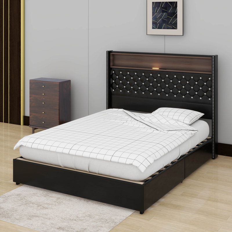 Structure de lit double en velours avec port de charge USB et veilleuse, décoration de rivet, lit plateforme à oreilles, Noir