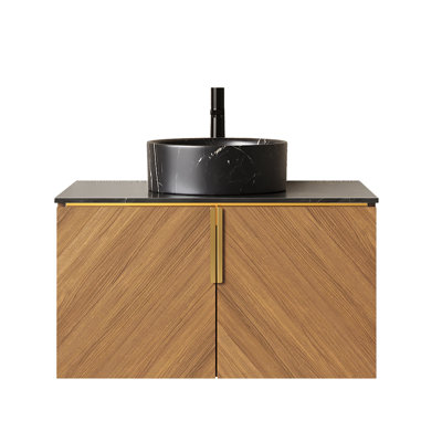 Armoire de salle de bain murale en contreplaqué 30 po avec plateau en pierre frittée noire, lavabo rond en céramique et portes doubles en chêne brun