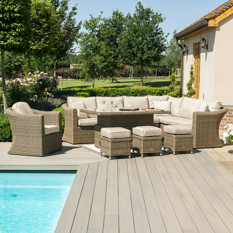 Balch Deluxe Large Rattan Corner Dining Set - with Rising Table & Armchair, Taupe, Brown